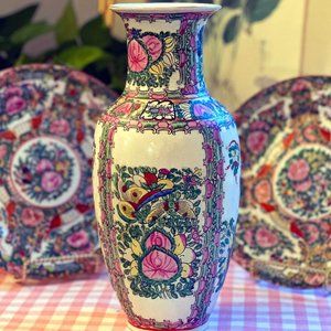 Vintage Rose Medallion Famille Chinese Porcelain Vase - Grandmillennial